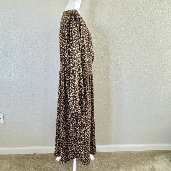 Bloomchic Prairie Dress Sz 22-24 Brown Floral Flutter Long Sleeve Ruffle Hem - Picture 3 of 14